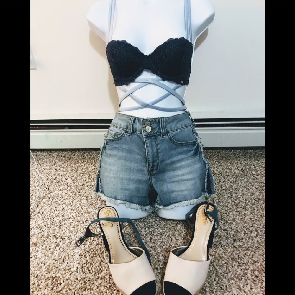 Excellent Condition Bra Top,Jean Shorts, New Heels